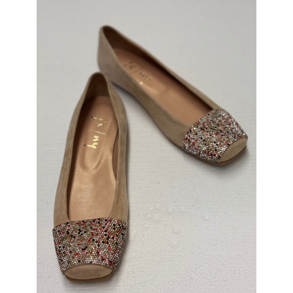 French Sole FS/NY Tan Suede Rhinestone Square Toe Ballet Flats 7316 Size 7B - Picture 2 of 9